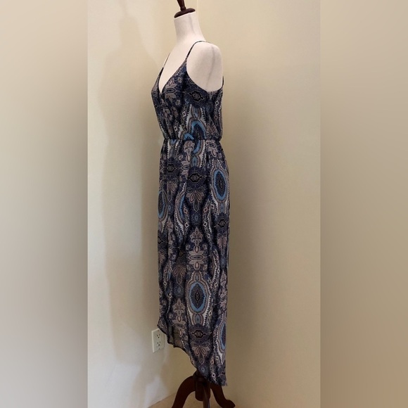 Lush. Faux Wrap High Low Maxi Dress. Blue and Pink Pattern. Small - Picture 8 of 15